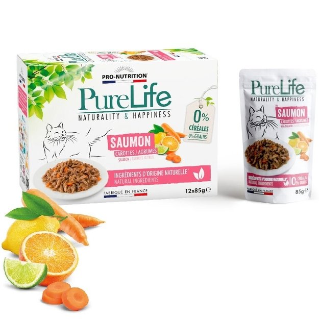 Konservai katėms su lašiša, morkomis ir citrusais, 85 g, Pro-Nutrition Flatazor Pure Life