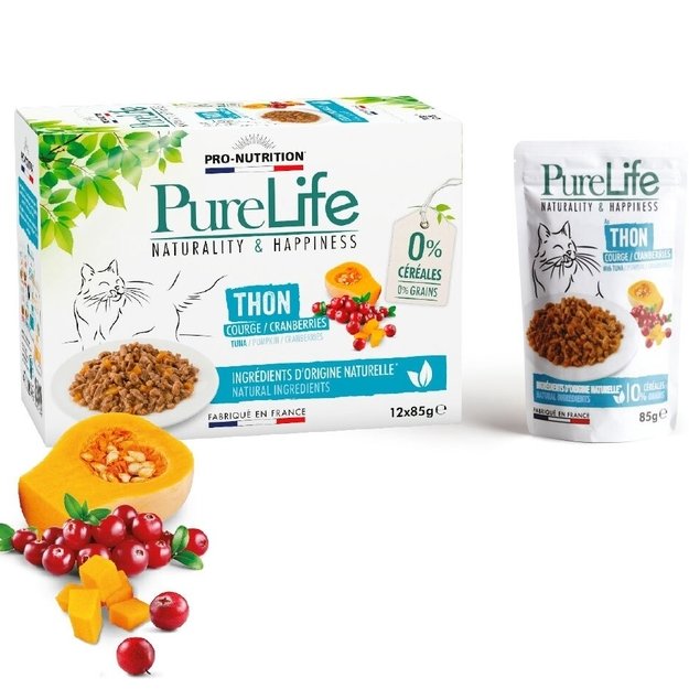Konservai katėms su tunu, moliūgu ir spanguolėmis, 85 g, Pro-Nutrition Flatazor Pure Life