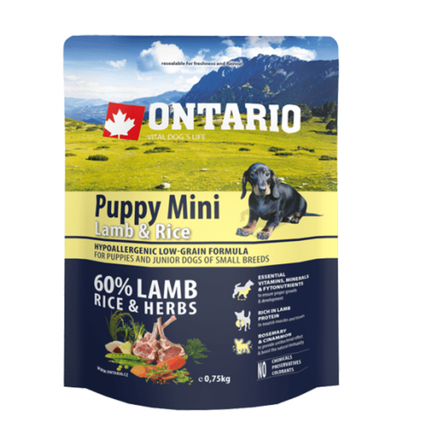 Ontario Puppy Mini Lamb and Rice, 0,75 kg, pašaras jauniems mažų veislių šunims su ėriena ir ryžiais