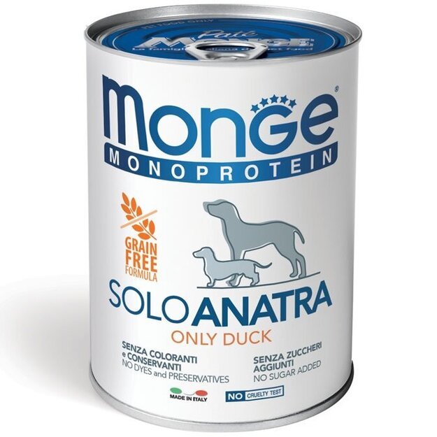 Monge Monoproteico Solo Anatra – Monoproteininiai konservai šunims su gryna antiena, 400 g