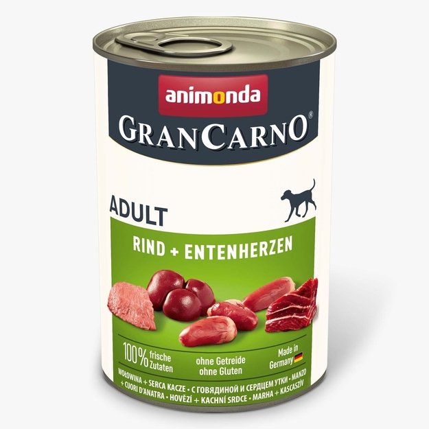 Animonda GranCarno Adult Beef + Duck Hearts: konservai suaugusiems šunims su jautiena ir ančių širdelėmis, 400 g