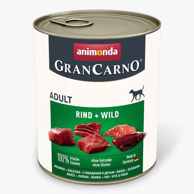 Animonda GranCarno Adult Beef + Wild: konservai suaugusiems šunims su šviežia jautiena ir žvėriena, 800 g