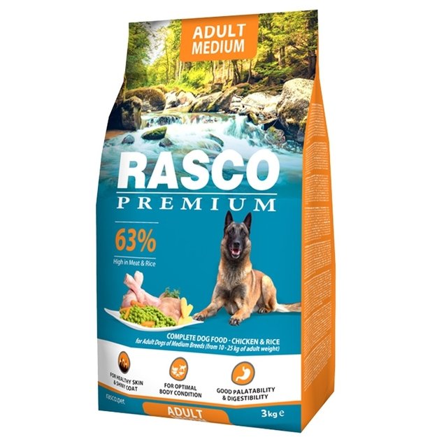 Rasco Premium Adult Medium Breed, 3 kg, pašaras suaugusiems vidutinių veislių šunims su vištiena ir ryžiais