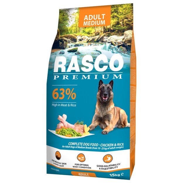 Rasco Premium Adult Medium Breed, 15 kg, pašaras suaugusiems vidutinių veislių šunims su vištiena ir ryžiais