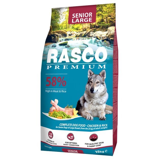 Rasco Premium Senior Large Breed, 15 kg, pašaras vyresnio amžiaus didelių veislių šunims su vištiena ir ryžiais