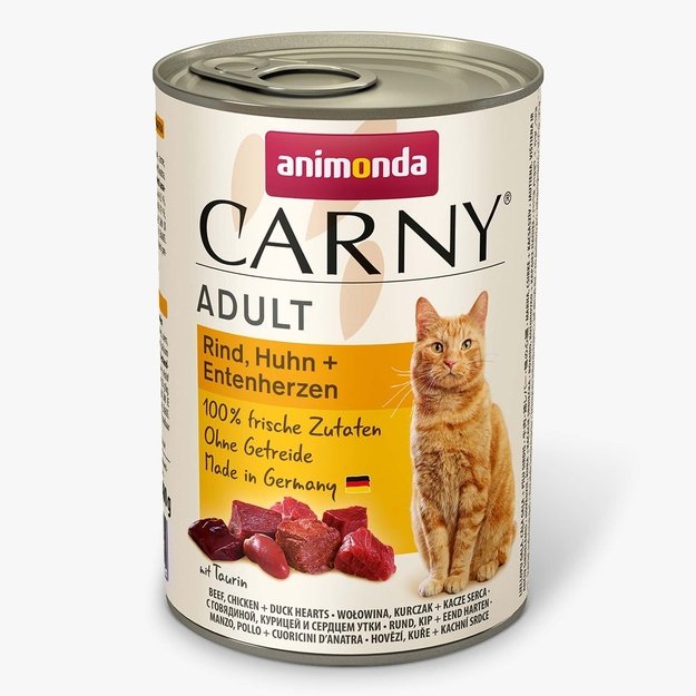Animonda Carny Adult Beef + Chicken + Duck Heart – konservai katėms su šviežia jautiena, vištiena ir anties širdelėmis, 400 g