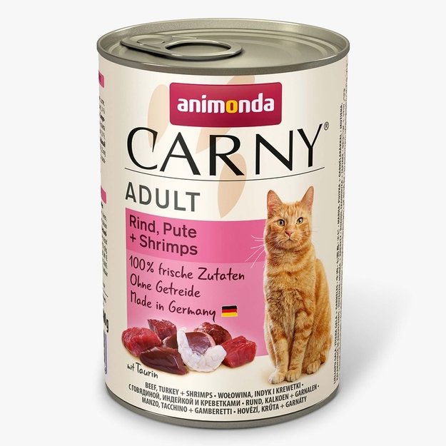 Animonda Carny Adult Beef + Turkey + Shrimp – konservai katėms su šviežia jautiena, kalakutiena ir krevetėmis, 400 g
