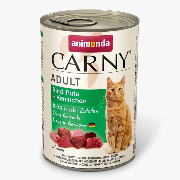 Animonda Carny Adult Beef + Turkey + Rabbit – konservai katėms su šviežia jautiena, kalakutiena ir triušiena, 400 g