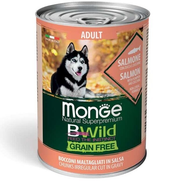 Monge BWild begrūdžiai konservai šunims su lašiša, moliūgu ir cukinija, 400 g