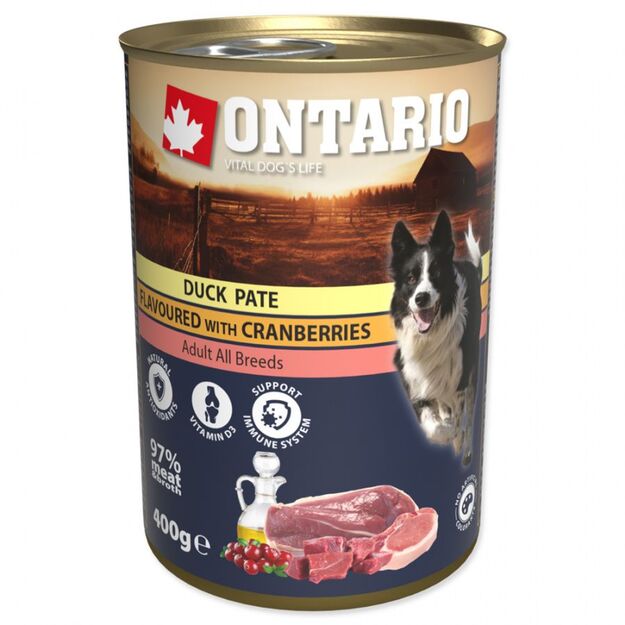 Ontario konservai šunims – Antiena, paskaninta spanguolėmis, 400 g, Duck Pate with Cranberries