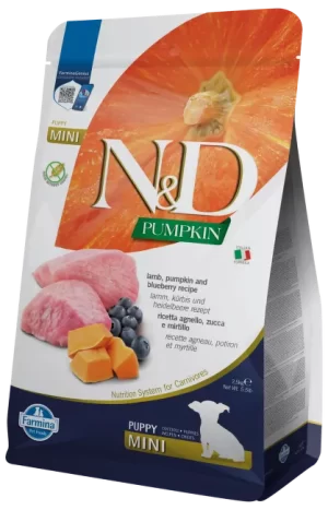 2 vnt. FARMINA N&D PUMPKIN - DOG Dry Lamb&Blueberry PUPPY MINI 2,5 kg