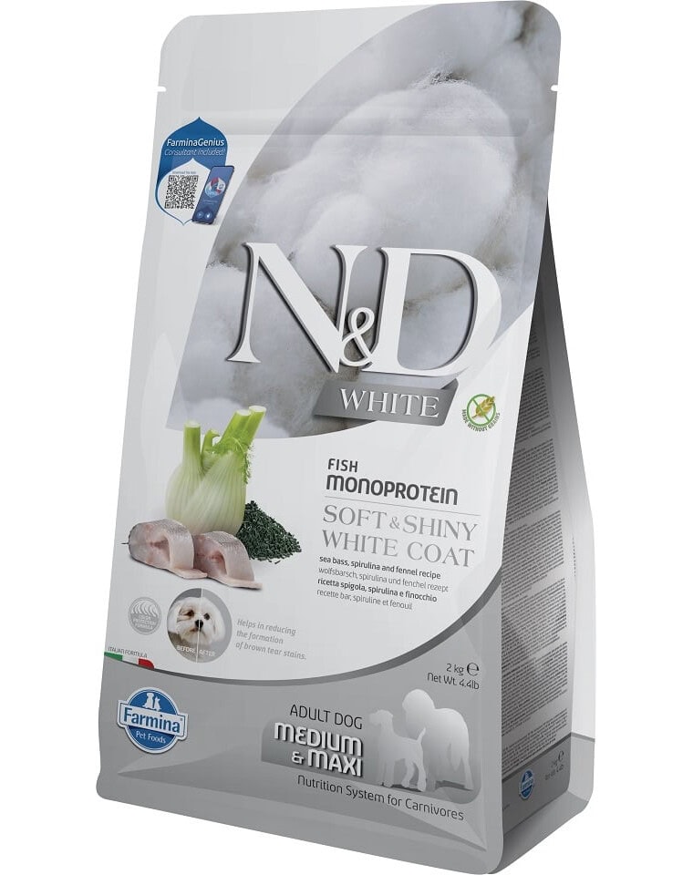 FARMINA N&D WHITE - DOG Dry Sea Bass Spirulina&Fennel ADULT MED&MAX 2 kg