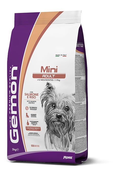 Gemon mini adult visavertis pašaras suaugusiems šunims su lašiša ir ryžiais 3kg