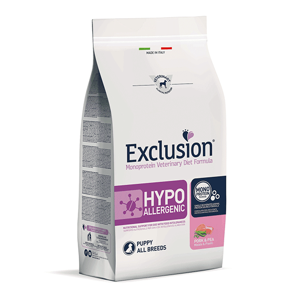 Exclusion Hypoallergenic sausas pašaras šuniukams su kiauliena ir žirneliais, 2kg