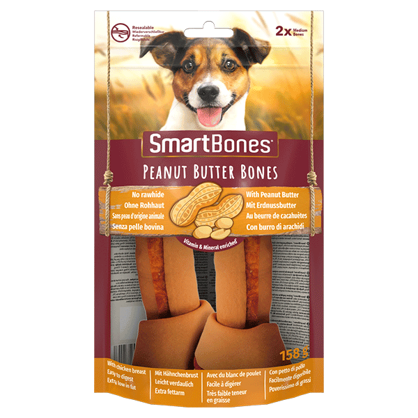 SmartBones Peanut Butter Bones skanėstai su riešutų sviestu vidutinio dydžio veislių šunims, 2 vnt.