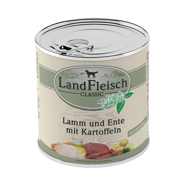 Landfleisch konservai šunims, ėriena, antiena, bulvės, 800g