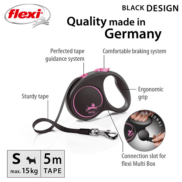 FLEXI pavadėlis šuniui Black Design S juostinis 5m, rožinis - papildoma nuotrauka 2