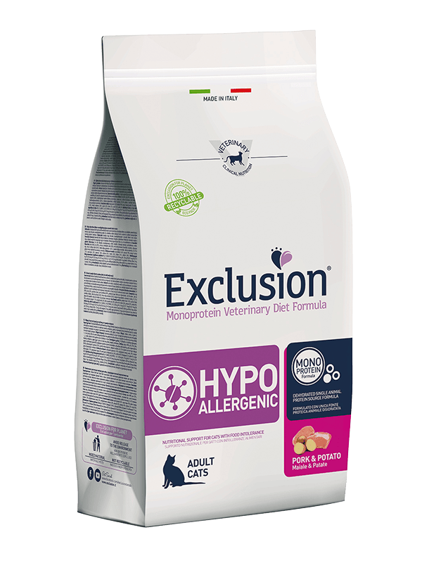Exclusion Hypoallergenic dietinis sausas pašaras katėms su kiauliena ir bulvėmis, 300 g