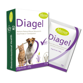 Mervue Diagel papildas nuo viduriavimo arba vidurių konstipacijos katėms ir šunims, 10g x 4