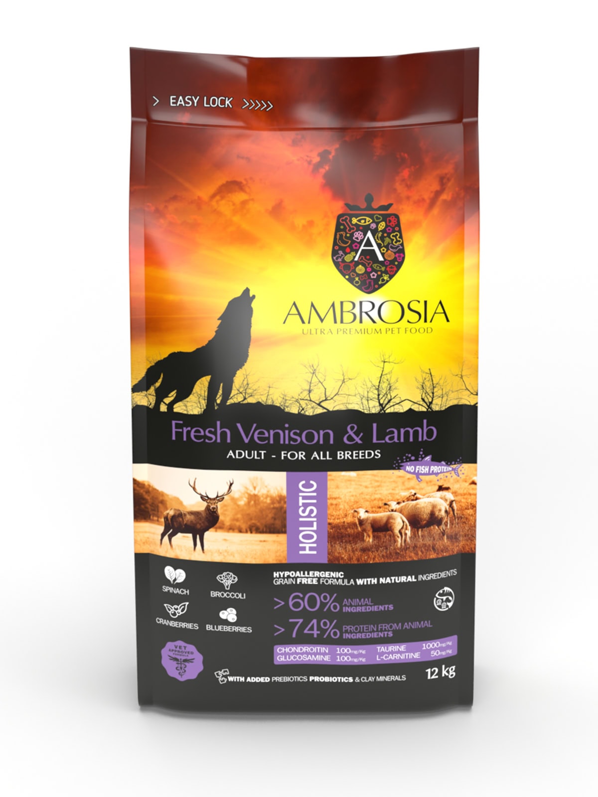 AMBROSIA begrūdis su ėriena ir šviežia elniena sausas maistas šunims, grain-free Lamb & Fresh Venison 12 kg
