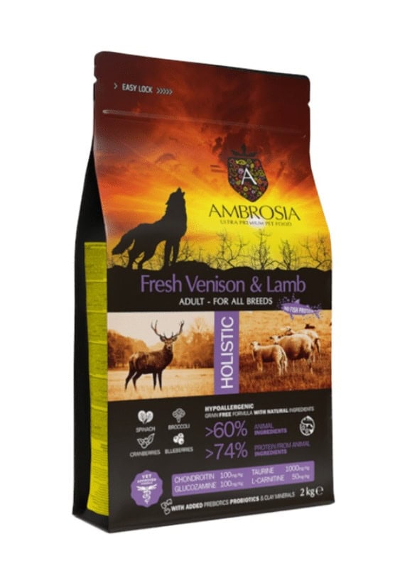 AMBROSIA begrūdis su ėriena ir šviežia elniena sausas maistas šunims, grain-free Lamb & Fresh Venison 2 kg