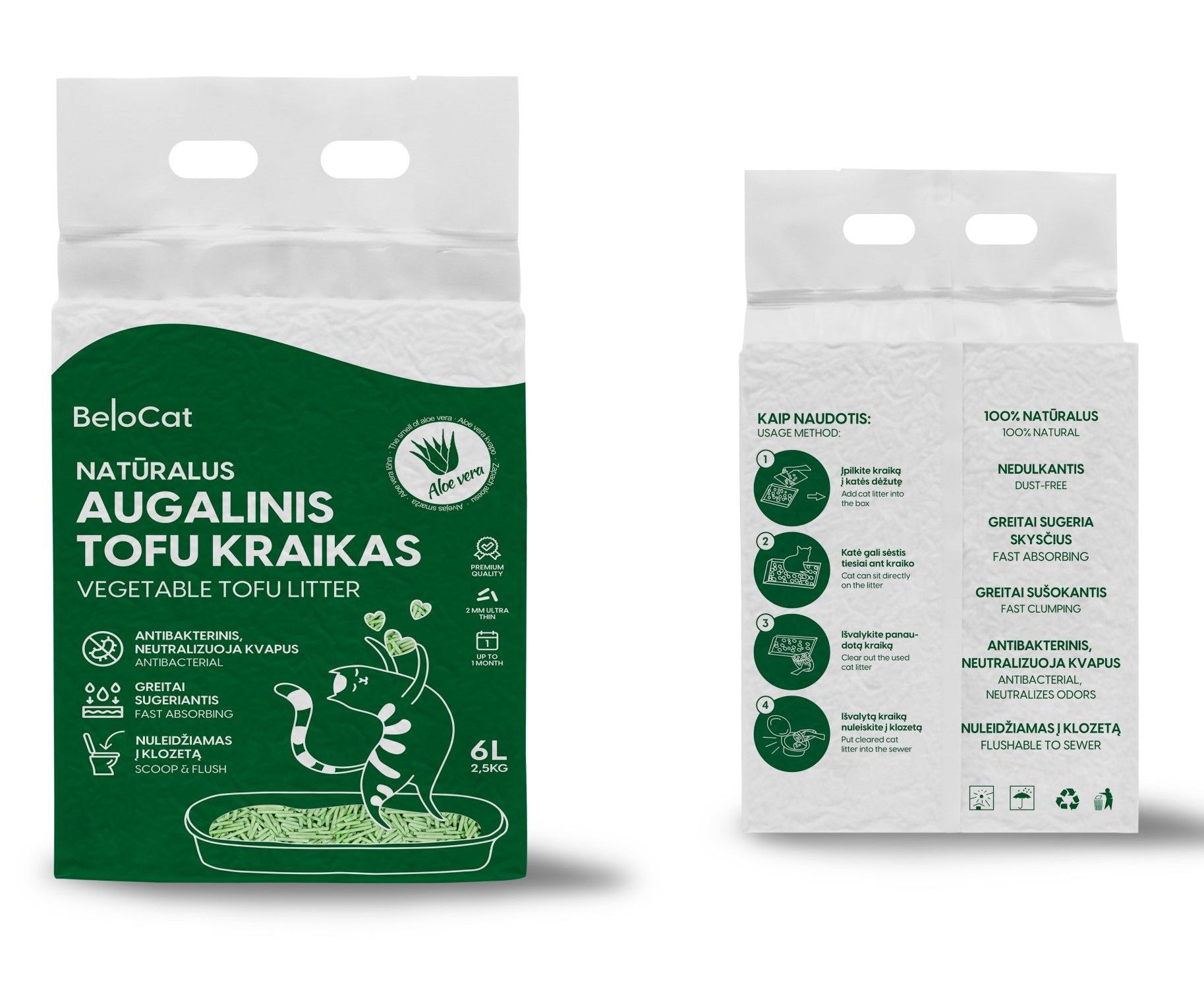 Kraikas katėms TOFU BeloCat, alavijo / aloe vera kvapo, 6 l (2,5 kg), 2 mm granulės - papildoma nuotrauka 2