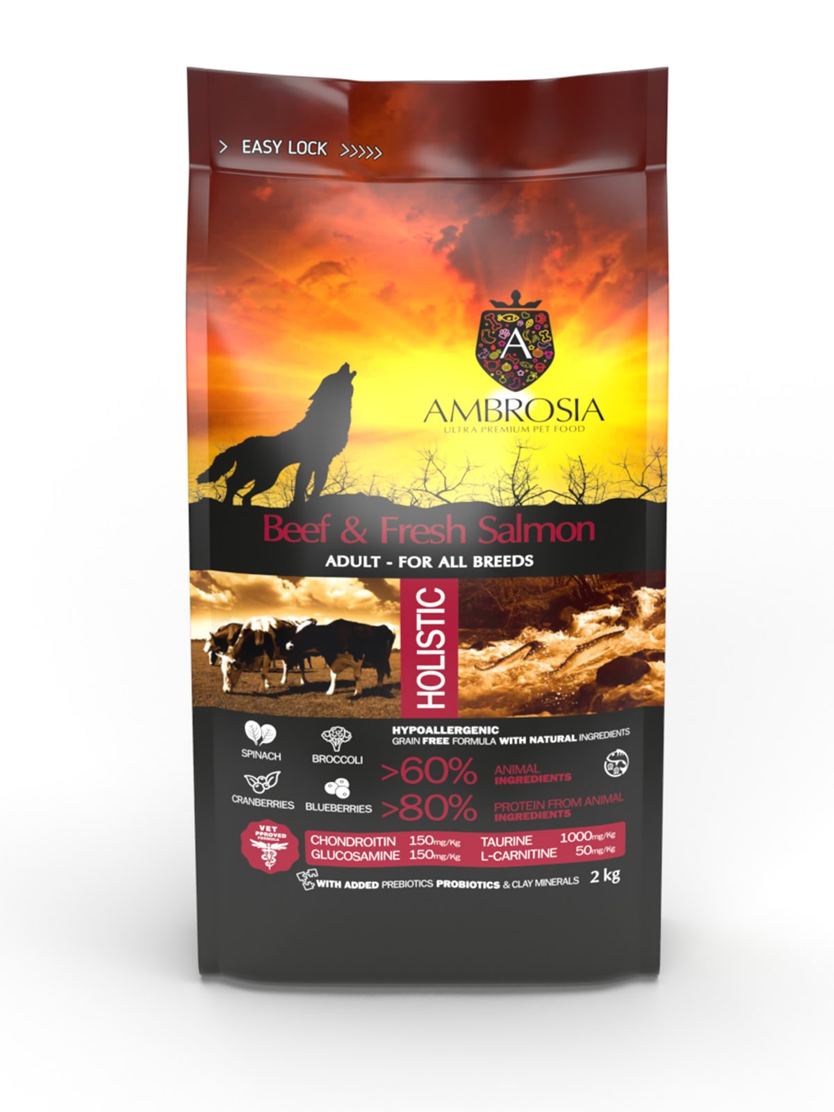 AMBROSIA begrūdis su jautiena ir šviežia lašiša sausas maistas šunims, grain-free Beef & Fresh Salmon 2 kg