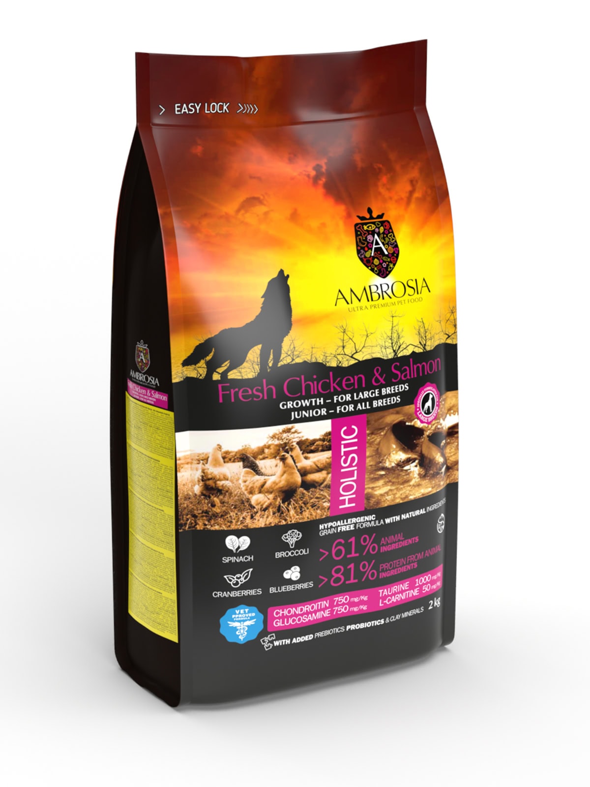 AMBROSIA Junior begrūdis su šviežia vištiena ir lašiša sausas maistas didelių veislių jauniems šuniukams, Fresh Chicken & Salmon 2 kg - papildoma nuotrauka 3