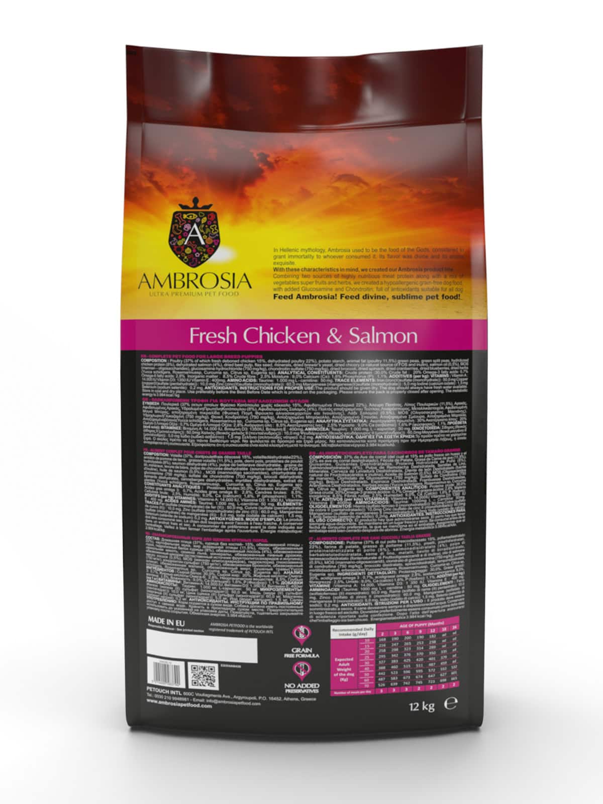 AMBROSIA Junior begrūdis su šviežia vištiena ir lašiša sausas maistas didelių veislių jauniems šuniukams, Fresh Chicken & Salmon 2 kg - papildoma nuotrauka 4