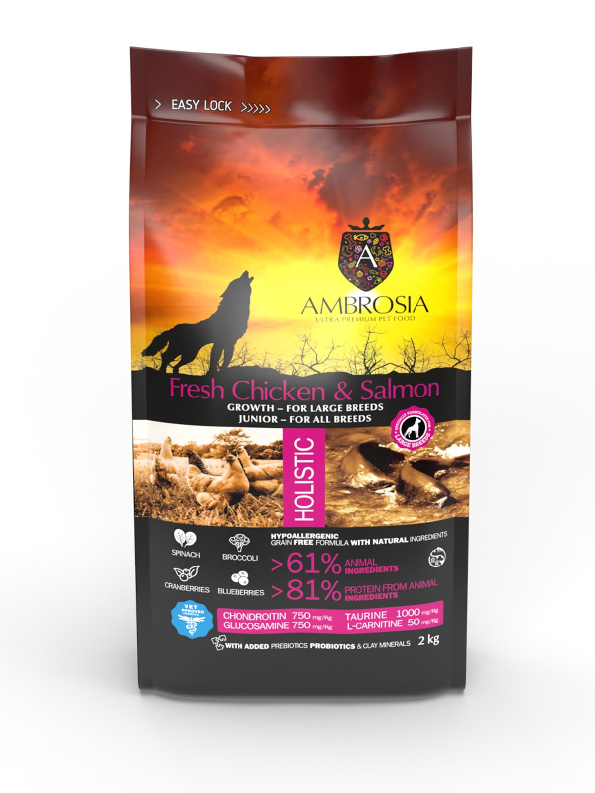 AMBROSIA Junior begrūdis su šviežia vištiena ir lašiša sausas maistas didelių veislių jauniems šuniukams, Fresh Chicken & Salmon 2 kg - papildoma nuotrauka 2