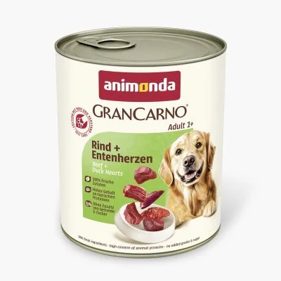 Animonda GranCarno Adult Beef + Duck Hearts: konservai suaugusiems šunims su jautiena ir ančių širdelėmis, 800 g