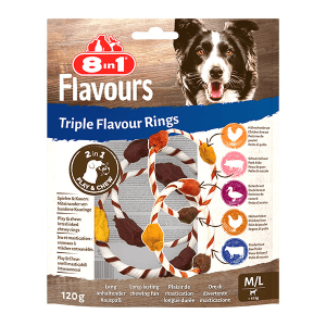 8in1 FLAVOURS trigubo skonio skanėsta šuniui M/L, žiedai, 120g