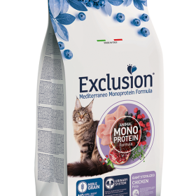 Exclusion Mediterraneo Monoprotein sausas pašaras sterilizuotoms didelėms katėms su vištiena, 1,5 kg