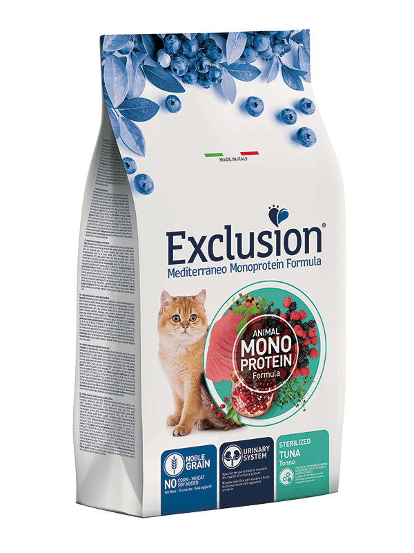 Exclusion Mediterraneo Monoprotein sausas pašaras sterilizuotoms katėms su tunu, 12 kg