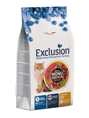Exclusion Mediterraneo Monoprotein sausas pašaras sterilizuotoms katėms su jautiena, 1,5 kg