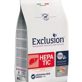 Exclusion Hepatic dietinis sausas šunų maistas su kiauliena, ryžiais ir žirneliais M/L 12kg