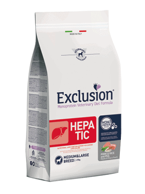 Exclusion Hepatic dietinis sausas šunų maistas su kiauliena, ryžiais ir žirneliais M/L 12kg
