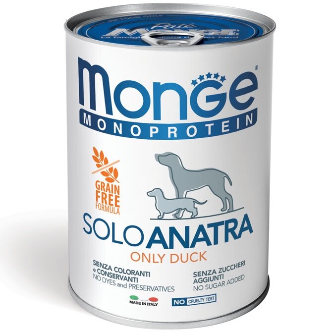 Monge Monoproteico Solo Anatra – Monoproteininiai konservai šunims su gryna antiena, 400 g