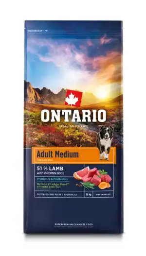 Ontario Adult Medium Lamb and Brown Rice, 12 kg, pašaras vidutinių veislių šunims su ėriena ir rudaisiais ryžiais