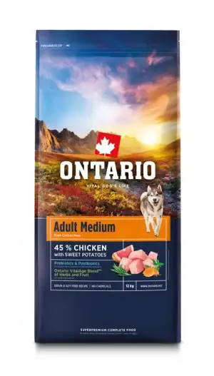 Ontario Adult Medium Chicken and Sweet Potatoes, 12 kg, pašaras vidutinių veislių šunims su vištiena ir saldžiosiomis bulvėmis