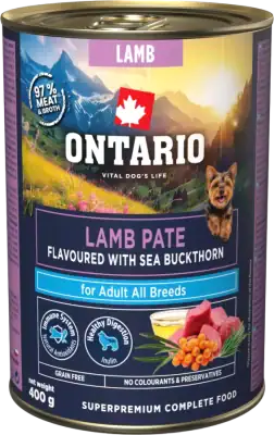 6 vnt. Ontario konservų šunims su ėriena ir šaltalankiu, 400 g, Lamb Pate with Sea Buckthorn
