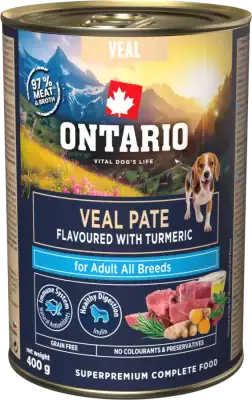 6 vnt. Ontario konservų šunims su veršiena ir ciberžole, 400 g, Veal Pate flavoured with Turmeric