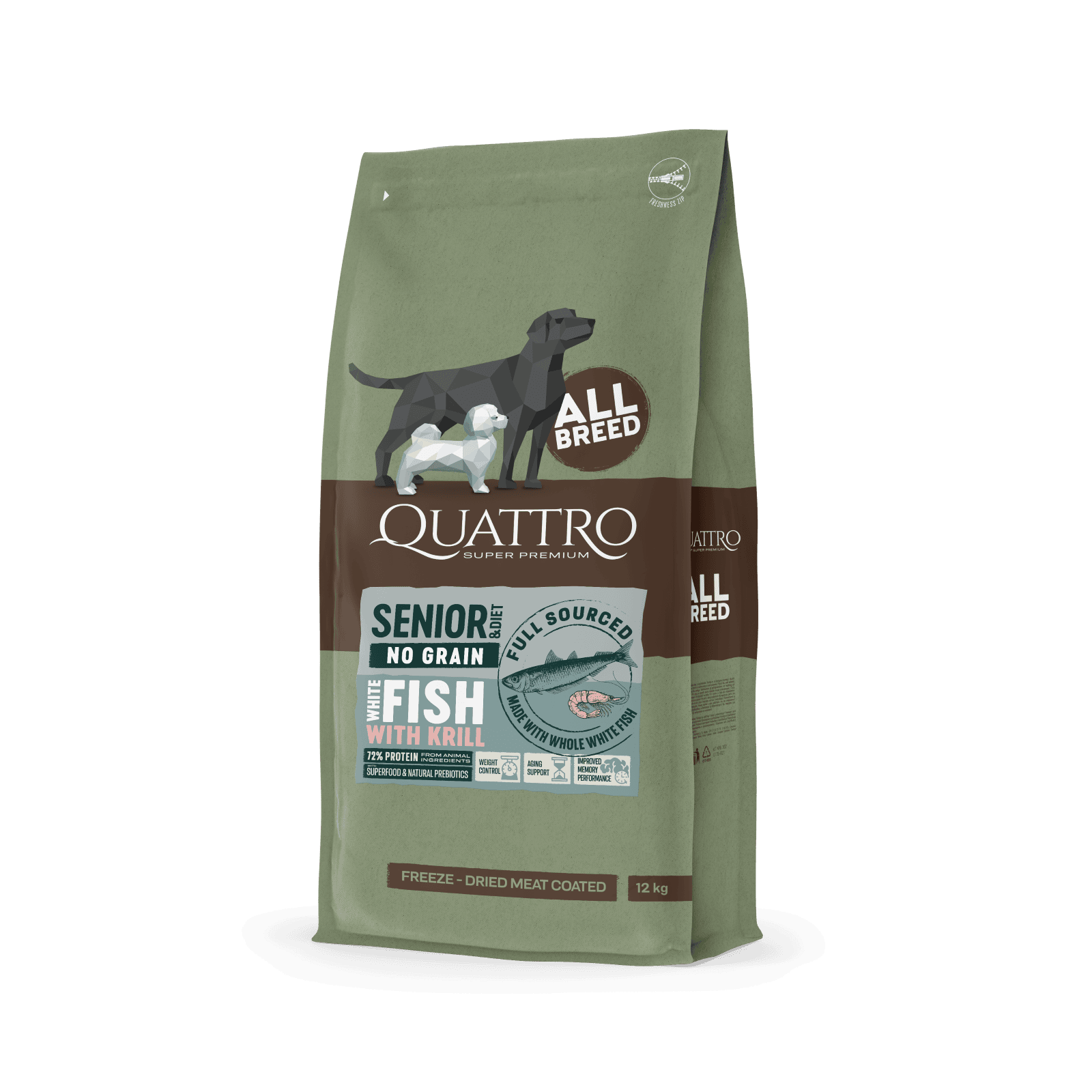 QUATTRO begrūdis visų veislių senjorų/dietinis šunų pašaras su balta žuvimi ir kriliu, 3kg
