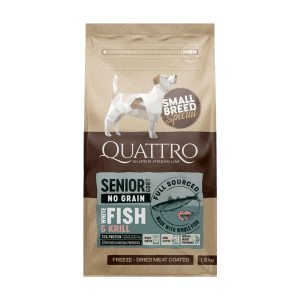 Quattro SB su balta žuvimi ir kriliu sausas seniems/dietinis mažų veislių šunims pašaras 1,5kg