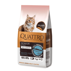 QUATTRO 1,5 kg Senior White Fish & Krill visavertis sausas dietinis/senstančių kačių pašaras su balta žuvimi ir kriliu,