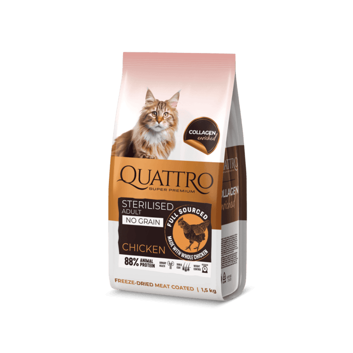 QUATTRO visavertis sausas pašaras suaugusioms sterilizuotoms katėms su vištiena, 7 kg