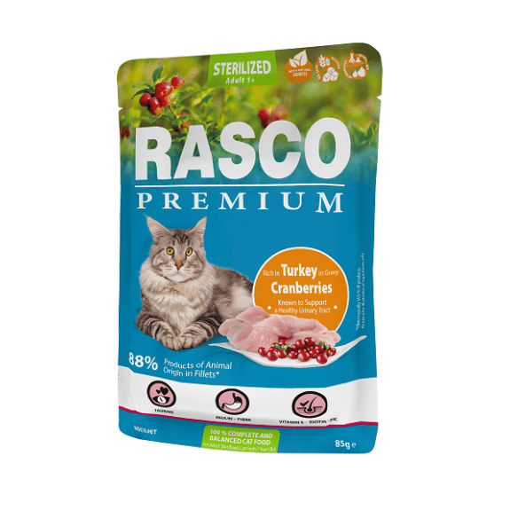 Rasco konservai katėms (sterilizuotoms) su kalakutiena ir spanguolėmis padaže, 85 g - papildoma nuotrauka 2