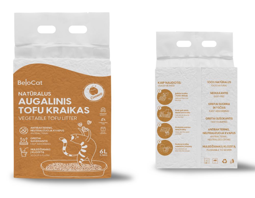 Kraikas katėms TOFU BeloCat, kokoso kvapo, 6 l (2,5 kg), 2 mm granulės - papildoma nuotrauka 2