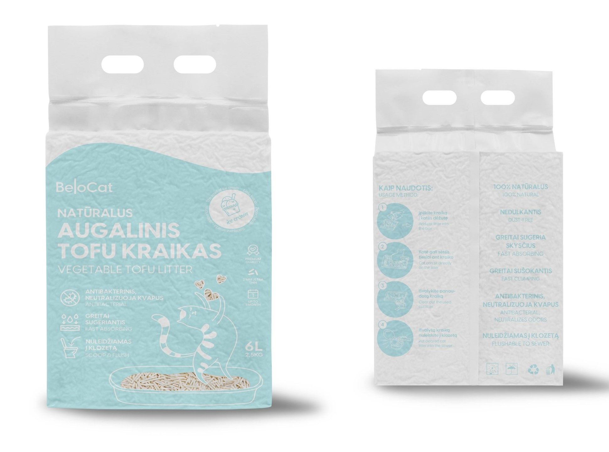 Kraikas katėms TOFU BeloCat, ledų kvapo, 6 l (2,5 kg), 2 mm granulės - papildoma nuotrauka 2