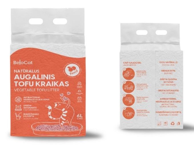 Kraikas katėms TOFU BeloCat, persikų kvapo, 6 l (2,5 kg), 2 mm granulės